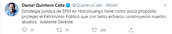 Tweet Daniel Quintero Alcalde de Medellin