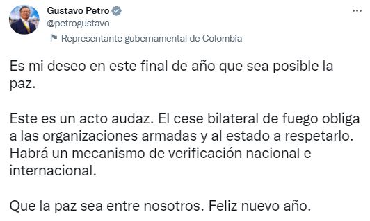 Tweet de Gustavo Petro sobre inicio de año 2023