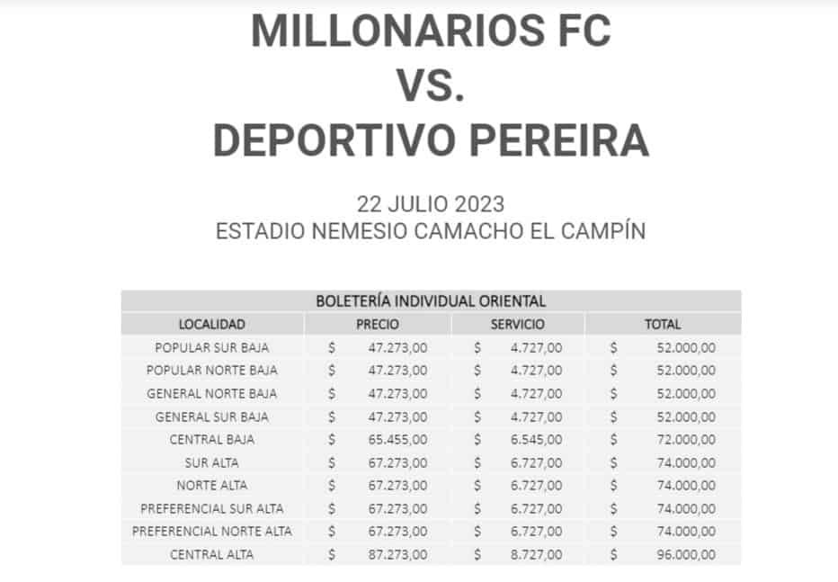 Precios de boletería para oriental en el partido del cuadro albiazul vs Deportivo Pereira.