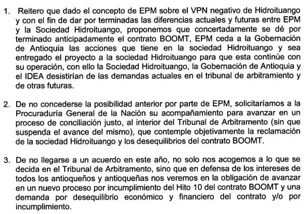 Carta de Gaviria a EPM sobre Hidroituango