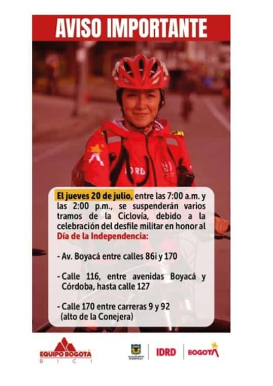 Las novedades de la ciclovía de Bogotá para este 20 de julio.