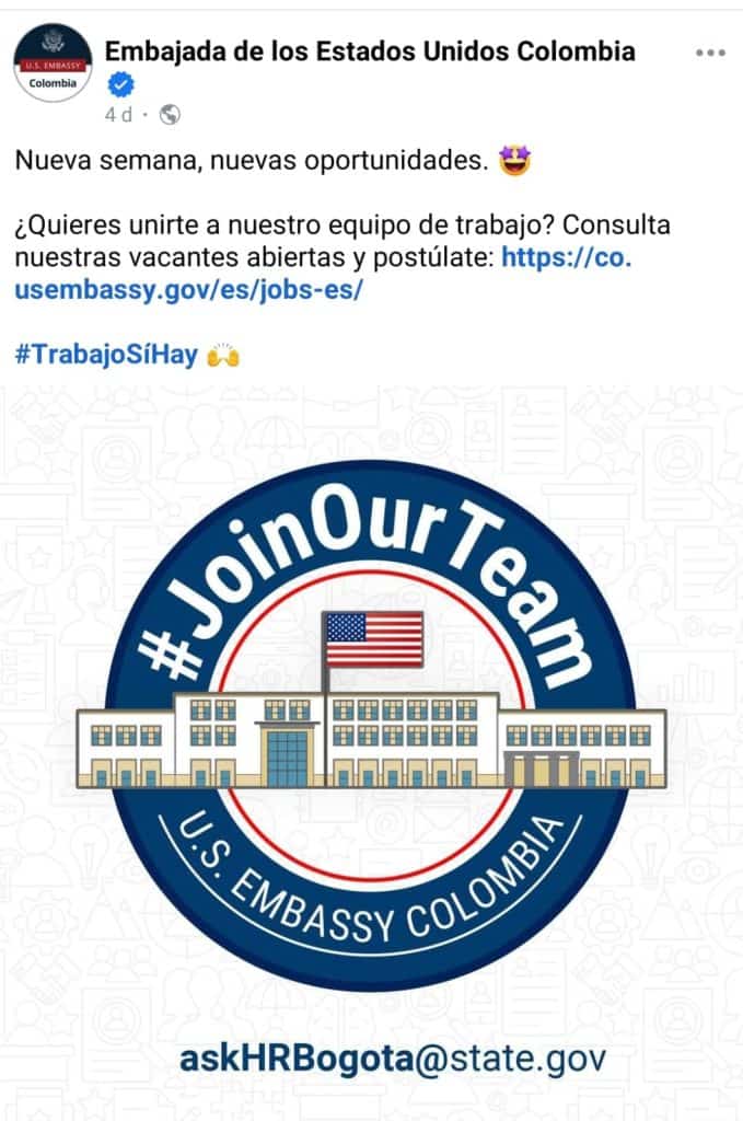 Trabajo sí hay con la embajada de Estados Unidos en Colombia.