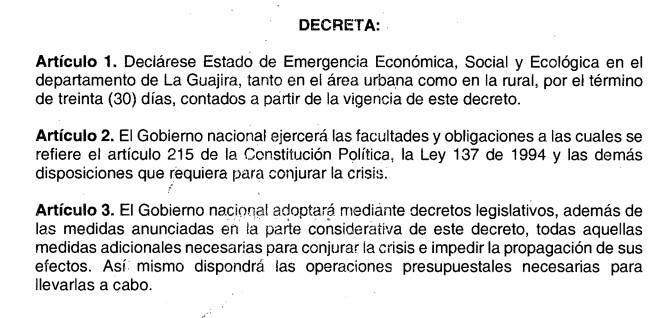 Declaración de la emergencia económica en La Guajira