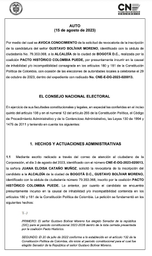 Documento - Auto CNE candidatura de Gustavo Bolívar
