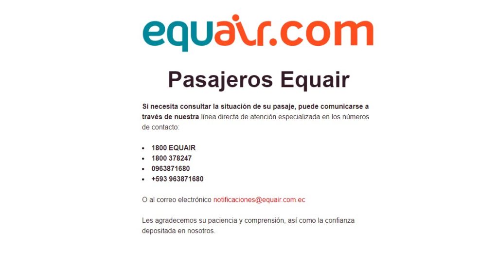 Comunicado Equair suspensión de vuelos