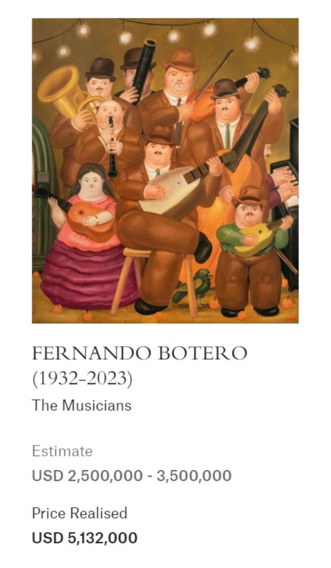 Valor de subasta de Los Músicos, obra de Fernando Botero. 
