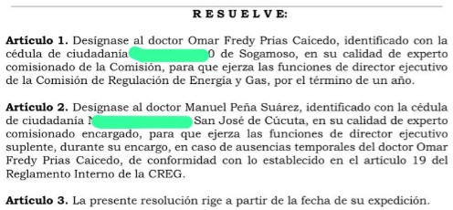 Resolución Ómar Fredy Prías CREG