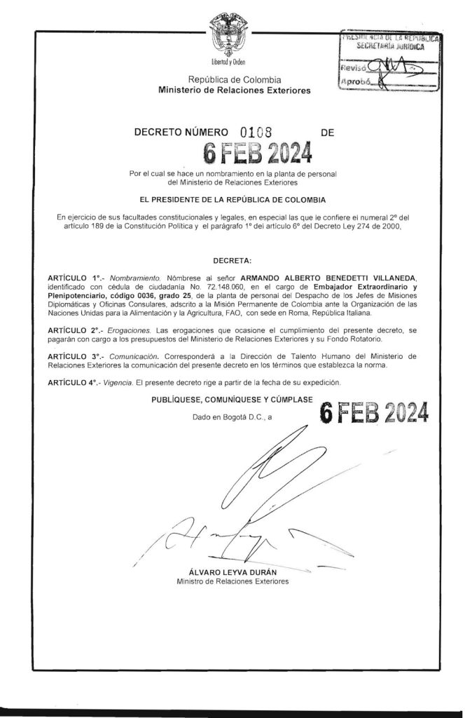 Decreto nombramiento de Benedetti